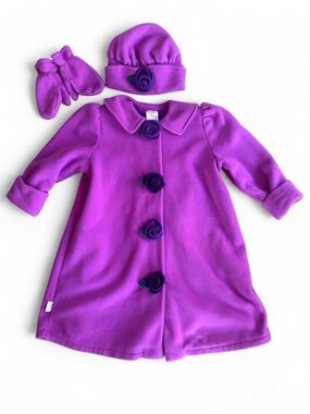 Girls Purple Fleece Coat with Matching Hat & Mittens